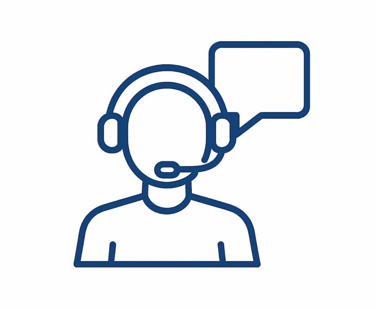 Icon of a customer service representative with headset and speech bubble.