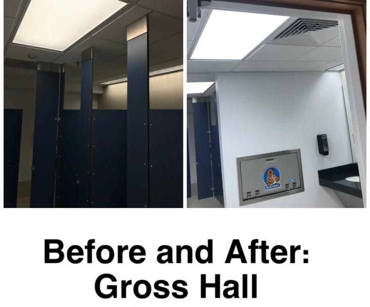 Before and after images of a hall's ceiling lighting transformation.