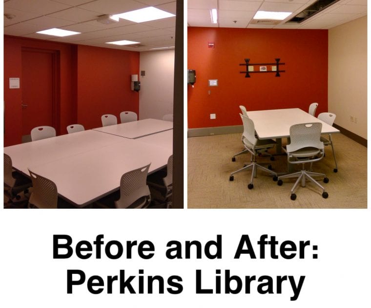 Before and after photos of a renovated Perkins Library conference room.