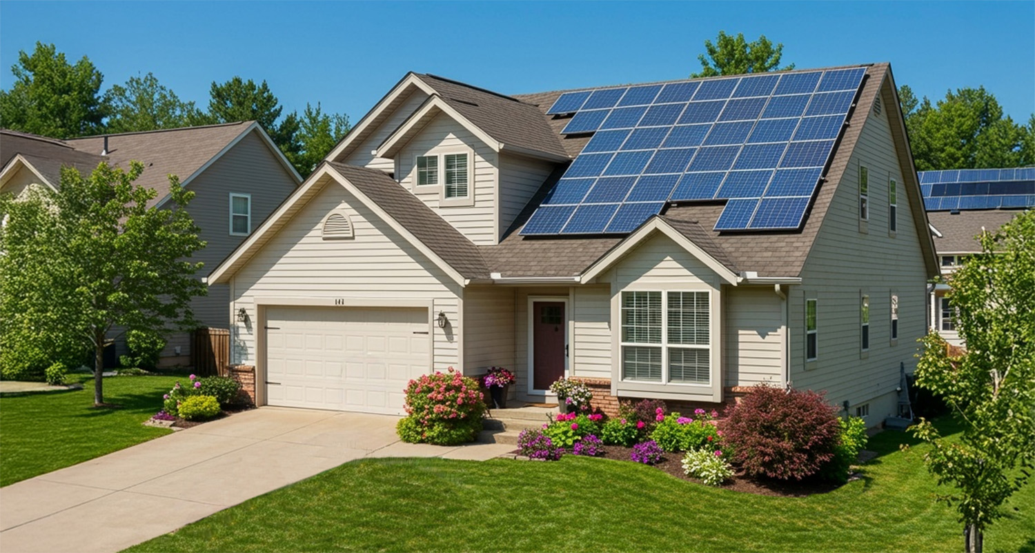 Modern house with solar panels on the roof and a well-kept garden.