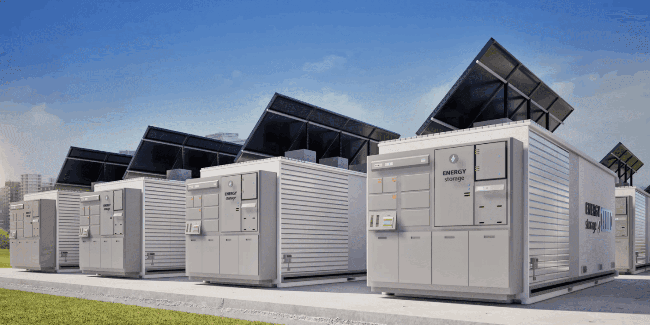 Large outdoor battery storage units under a clear blue sky.