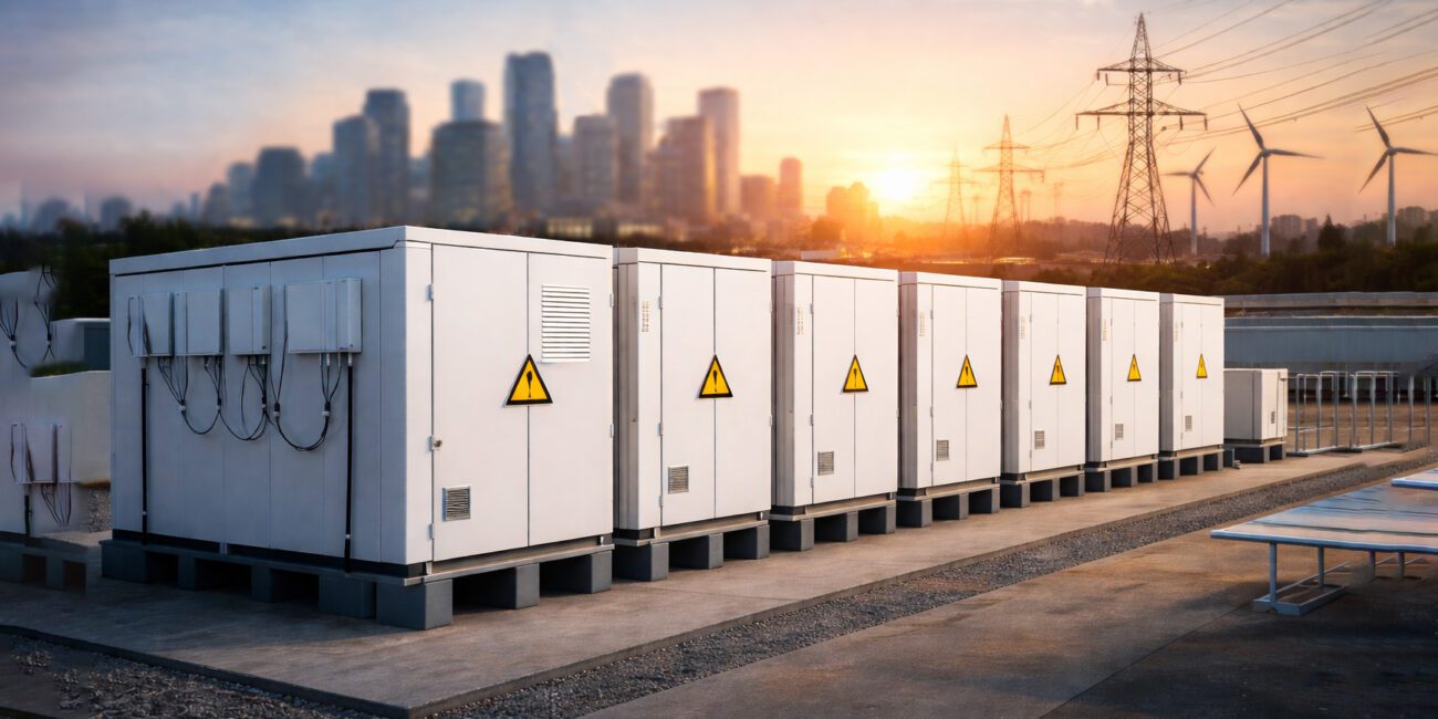 Row of electrical transformers at sunset with city skyline in background.