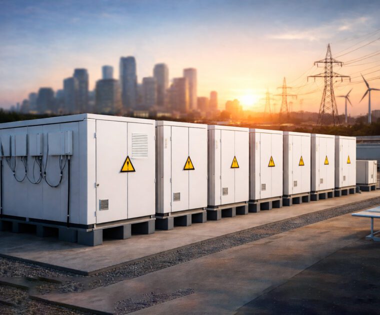 Row of electrical transformers at sunset with city skyline in background.