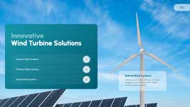 Solar panels and a wind turbine under a blue sky with renewable energy text.